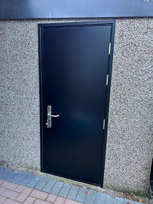 steel fire door on building exterior